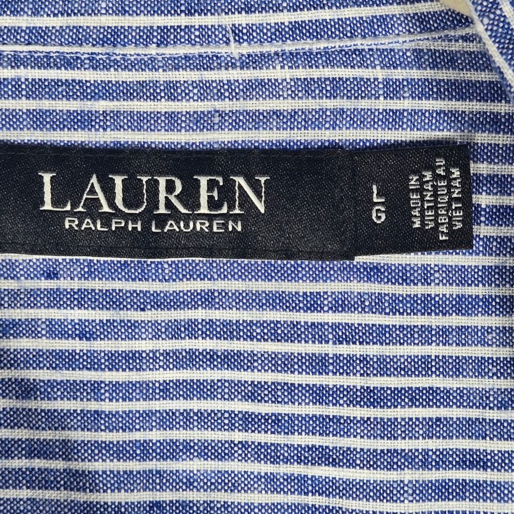 Lauren Ralph Lauren Shirt L Blue White Striped 100% Linen Tie Front Short Sleeve - Picture 3 of 11